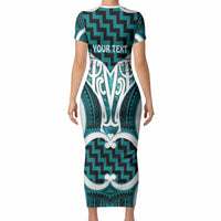 Aotearoa Atua Tangaroa Personalised Short Sleeve Bodycon Dress God Of The Sea Maori Whale Tail Cyan