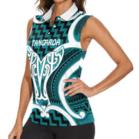 Aotearoa Atua Tangaroa Personalised Women Sleeveless Polo Shirt God Of The Sea Maori Whale Tail Cyan
