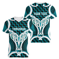 Aotearoa Atua Tangaroa Personalised Women V-Neck T-Shirt God Of The Sea Maori Whale Tail Cyan