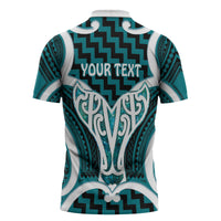 Aotearoa Atua Tangaroa Personalised Zipper Polo Shirt God Of The Sea Maori Whale Tail Cyan