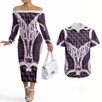 Aotearoa Atua Tangaroa Personalised Couples Matching Off The Shoulder Long Sleeve Dress and Hawaiian Shirt God Of The Sea Maori Whale Tail Purple