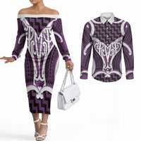 Aotearoa Atua Tangaroa Personalised Couples Matching Off The Shoulder Long Sleeve Dress and Long Sleeve Button Shirt God Of The Sea Maori Whale Tail Purple