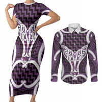 Aotearoa Atua Tangaroa Personalised Couples Matching Short Sleeve Bodycon Dress and Long Sleeve Button Shirt God Of The Sea Maori Whale Tail Purple