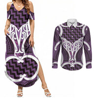 Aotearoa Atua Tangaroa Personalised Couples Matching Summer Maxi Dress and Long Sleeve Button Shirt God Of The Sea Maori Whale Tail Purple