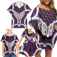 Aotearoa Atua Tangaroa Personalised Family Matching Off Shoulder Short Dress and Hawaiian Shirt God Of The Sea Maori Whale Tail Purple