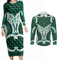 Aotearoa Atua Tangaroa Personalised Couples Matching Long Sleeve Bodycon Dress and Long Sleeve Button Shirt God Of The Sea Maori Whale Tail Green