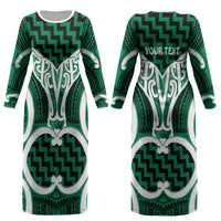 Aotearoa Atua Tangaroa Personalised Couples Matching Long Sleeve Bodycon Dress and Long Sleeve Button Shirt God Of The Sea Maori Whale Tail Green