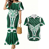 Aotearoa Atua Tangaroa Personalised Couples Matching Mermaid Dress and Hawaiian Shirt God Of The Sea Maori Whale Tail Green