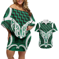 Aotearoa Atua Tangaroa Personalised Couples Matching Off Shoulder Short Dress and Hawaiian Shirt God Of The Sea Maori Whale Tail Green