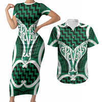 Aotearoa Atua Tangaroa Personalised Couples Matching Short Sleeve Bodycon Dress and Hawaiian Shirt God Of The Sea Maori Whale Tail Green