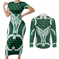 Aotearoa Atua Tangaroa Personalised Couples Matching Short Sleeve Bodycon Dress and Long Sleeve Button Shirt God Of The Sea Maori Whale Tail Green