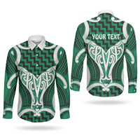 Aotearoa Atua Tangaroa Personalised Couples Matching Short Sleeve Bodycon Dress and Long Sleeve Button Shirt God Of The Sea Maori Whale Tail Green