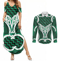 Aotearoa Atua Tangaroa Personalised Couples Matching Summer Maxi Dress and Long Sleeve Button Shirt God Of The Sea Maori Whale Tail Green