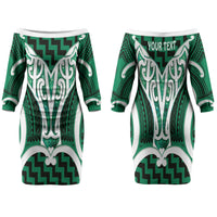 Aotearoa Atua Tangaroa Personalised Family Matching Off The Shoulder Long Sleeve Dress and Hawaiian Shirt God Of The Sea Maori Whale Tail Green