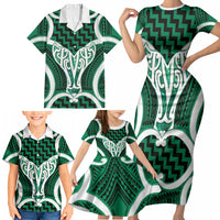 Aotearoa Atua Tangaroa Personalised Family Matching Short Sleeve Bodycon Dress and Hawaiian Shirt God Of The Sea Maori Whale Tail Green