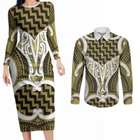 Aotearoa Atua Tangaroa Personalised Couples Matching Long Sleeve Bodycon Dress and Long Sleeve Button Shirt God Of The Sea Maori Whale Tail Yellow