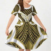 Aotearoa Atua Tangaroa Personalised Kid Short Sleeve Dress God Of The Sea Maori Whale Tail Yellow