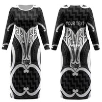 Aotearoa Atua Tangaroa Personalised Couples Matching Long Sleeve Bodycon Dress and Hawaiian Shirt God Of The Sea Maori Whale Tail Black