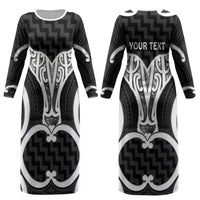 Aotearoa Atua Tangaroa Personalised Couples Matching Long Sleeve Bodycon Dress and Long Sleeve Button Shirt God Of The Sea Maori Whale Tail Black