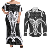 Aotearoa Atua Tangaroa Personalised Couples Matching Off Shoulder Maxi Dress and Long Sleeve Button Shirt God Of The Sea Maori Whale Tail Black