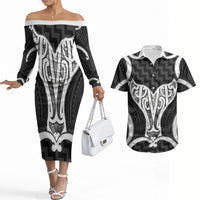 Aotearoa Atua Tangaroa Personalised Couples Matching Off The Shoulder Long Sleeve Dress and Hawaiian Shirt God Of The Sea Maori Whale Tail Black