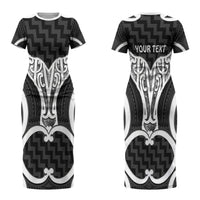 Aotearoa Atua Tangaroa Personalised Couples Matching Short Sleeve Bodycon Dress and Hawaiian Shirt God Of The Sea Maori Whale Tail Black