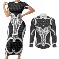 Aotearoa Atua Tangaroa Personalised Couples Matching Short Sleeve Bodycon Dress and Long Sleeve Button Shirt God Of The Sea Maori Whale Tail Black