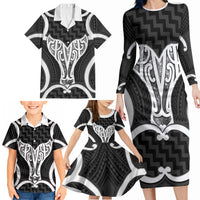 Aotearoa Atua Tangaroa Personalised Family Matching Long Sleeve Bodycon Dress and Hawaiian Shirt God Of The Sea Maori Whale Tail Black