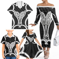 Aotearoa Atua Tangaroa Personalised Family Matching Off The Shoulder Long Sleeve Dress and Hawaiian Shirt God Of The Sea Maori Whale Tail Black