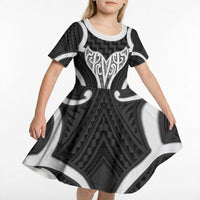 Aotearoa Atua Tangaroa Personalised Kid Short Sleeve Dress God Of The Sea Maori Whale Tail Black