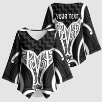 Aotearoa Atua Tangaroa Personalised Kimono Sleeve Blouse God Of The Sea Maori Whale Tail Black