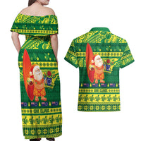 Cook Islands Christmas Couples Matching Off Shoulder Maxi Dress and Hawaiian Shirt Surfing Santa Mere Kiritimiti - Polynesian Pride