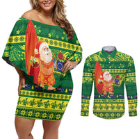 Cook Islands Christmas Couples Matching Off Shoulder Short Dress and Long Sleeve Button Shirt Surfing Santa Mere Kiritimiti - Polynesian Pride