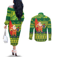 Cook Islands Christmas Couples Matching Off The Shoulder Long Sleeve Dress and Long Sleeve Button Shirt Surfing Santa Mere Kiritimiti - Polynesian Pride