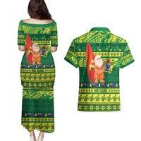Cook Islands Christmas Couples Matching Puletasi and Hawaiian Shirt Surfing Santa Mere Kiritimiti - Polynesian Pride