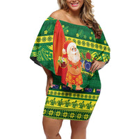 Cook Islands Christmas Family Matching Off Shoulder Short Dress and Hawaiian Shirt Surfing Santa Mere Kiritimiti - Polynesian Pride