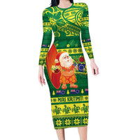 Cook Islands Christmas Long Sleeve Bodycon Dress Surfing Santa Mere Kiritimiti - Polynesian Pride