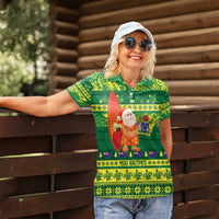 Cook Islands Christmas Women Polo Shirt Surfing Santa Mere Kiritimiti - Polynesian Pride