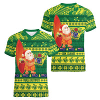 Cook Islands Christmas Women V-Neck T-Shirt Surfing Santa Mere Kiritimiti - Polynesian Pride