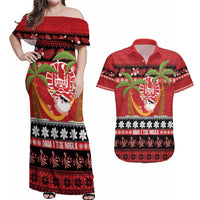 French Polynesia Christmas Couples Matching Off Shoulder Maxi Dress and Hawaiian Shirt Tiare Chilling Santa Oaoa I teie Noera - Polynesian Pride