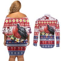 Kiribati Christmas Couples Matching Off Shoulder Short Dress and Long Sleeve Button Shirt Frigatebird Santa Tekeraoi n te Kiritimati - Polynesian Pride