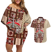 Samoa Tapau Couples Matching Off Shoulder Short Dress and Hawaiian Shirt Samoan Siapo Pattern LT14 Brown - Polynesian Pride