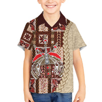 Samoa Tapau Family Matching Off Shoulder Maxi Dress and Hawaiian Shirt Samoan Siapo Pattern LT14 Son's Shirt Brown - Polynesian Pride
