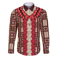 Samoa Siapo Family Matching Off Shoulder Maxi Dress and Hawaiian Shirt Tapa Pattern Mix Ula Fala Hibiscus LT14 Dad's Shirt - Long Sleeve Brown - Polynesian Pride