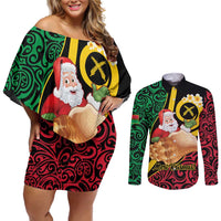 Vanuatu Christmas Couples Matching Off Shoulder Short Dress and Long Sleeve Button Shirt Vanuatuan Conch Shell - Meri Krismas! LT14 Black - Polynesian Pride