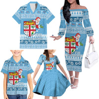 Fiji Christmas Family Matching Off The Shoulder Long Sleeve Dress and Hawaiian Shirt Fijian Masi Marau na Kerisimasi! - Blue
