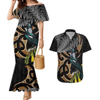 Aotearoa Kowhai Tui Bird Couples Matching Mermaid Dress and Hawaiian Shirt Maori Ngaru With Silver Fern