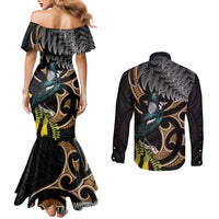 Aotearoa Kowhai Tui Bird Couples Matching Mermaid Dress and Long Sleeve Button Shirt Maori Ngaru With Silver Fern