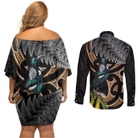 Aotearoa Kowhai Tui Bird Couples Matching Off Shoulder Short Dress and Long Sleeve Button Shirt Maori Ngaru With Silver Fern