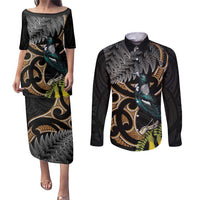 Aotearoa Kowhai Tui Bird Couples Matching Puletasi and Long Sleeve Button Shirt Maori Ngaru With Silver Fern
